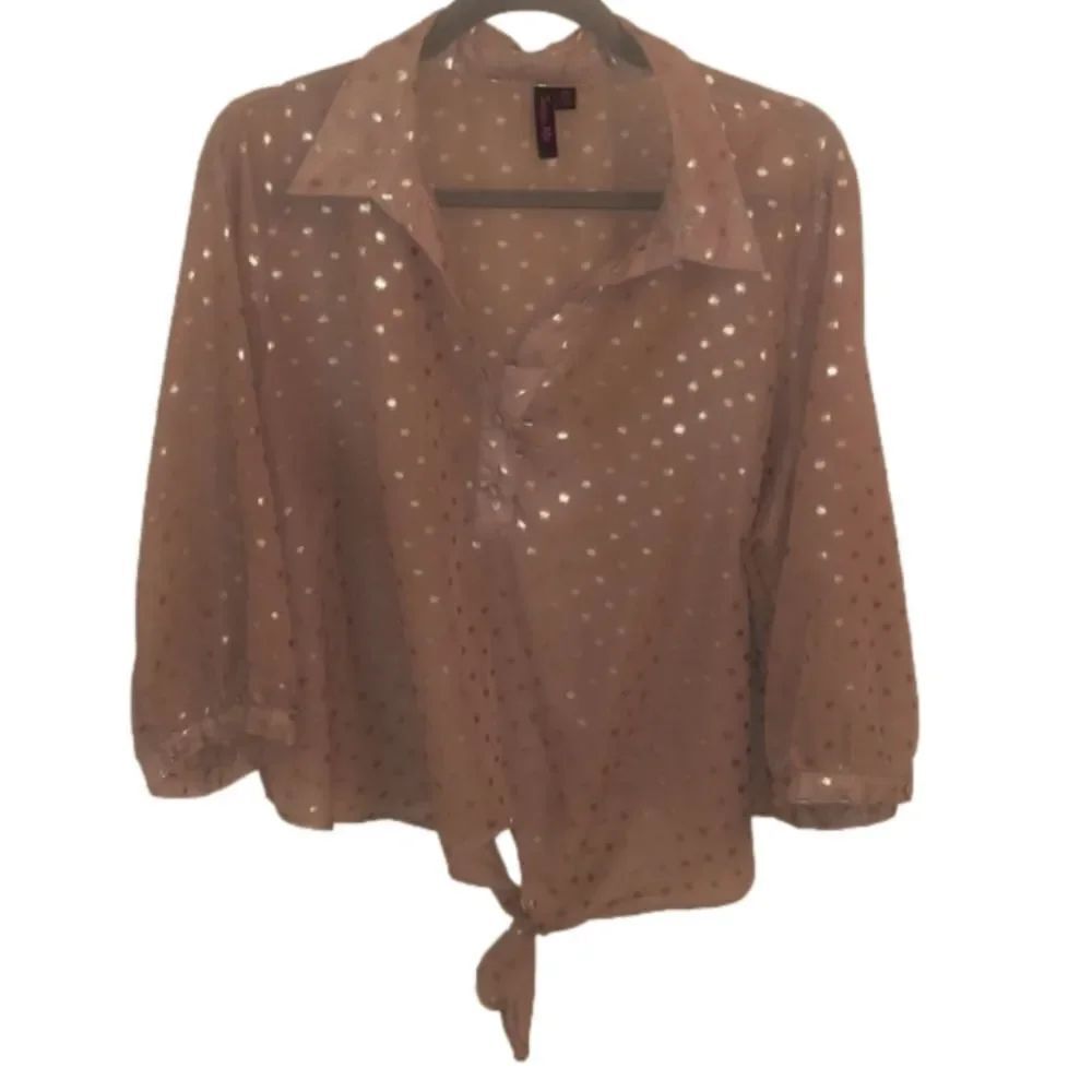 Tan and Gold Polka Dot Blouse With Center Tie.